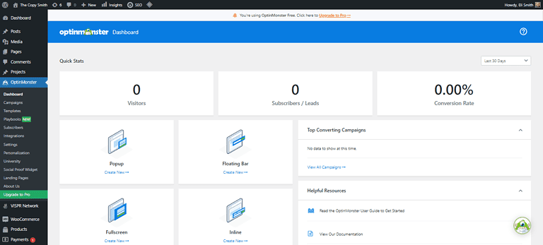 OptinMonster interface showcasing various campaign types available for WordPress websites.