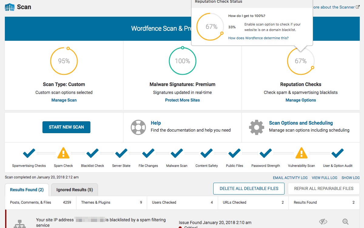 Detailed view of Wordfence’s security features within the WordPress admin panel.