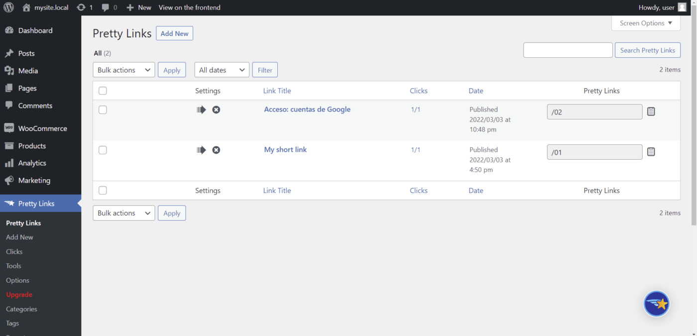 Overview of Pretty Links features on a WordPress admin panel.