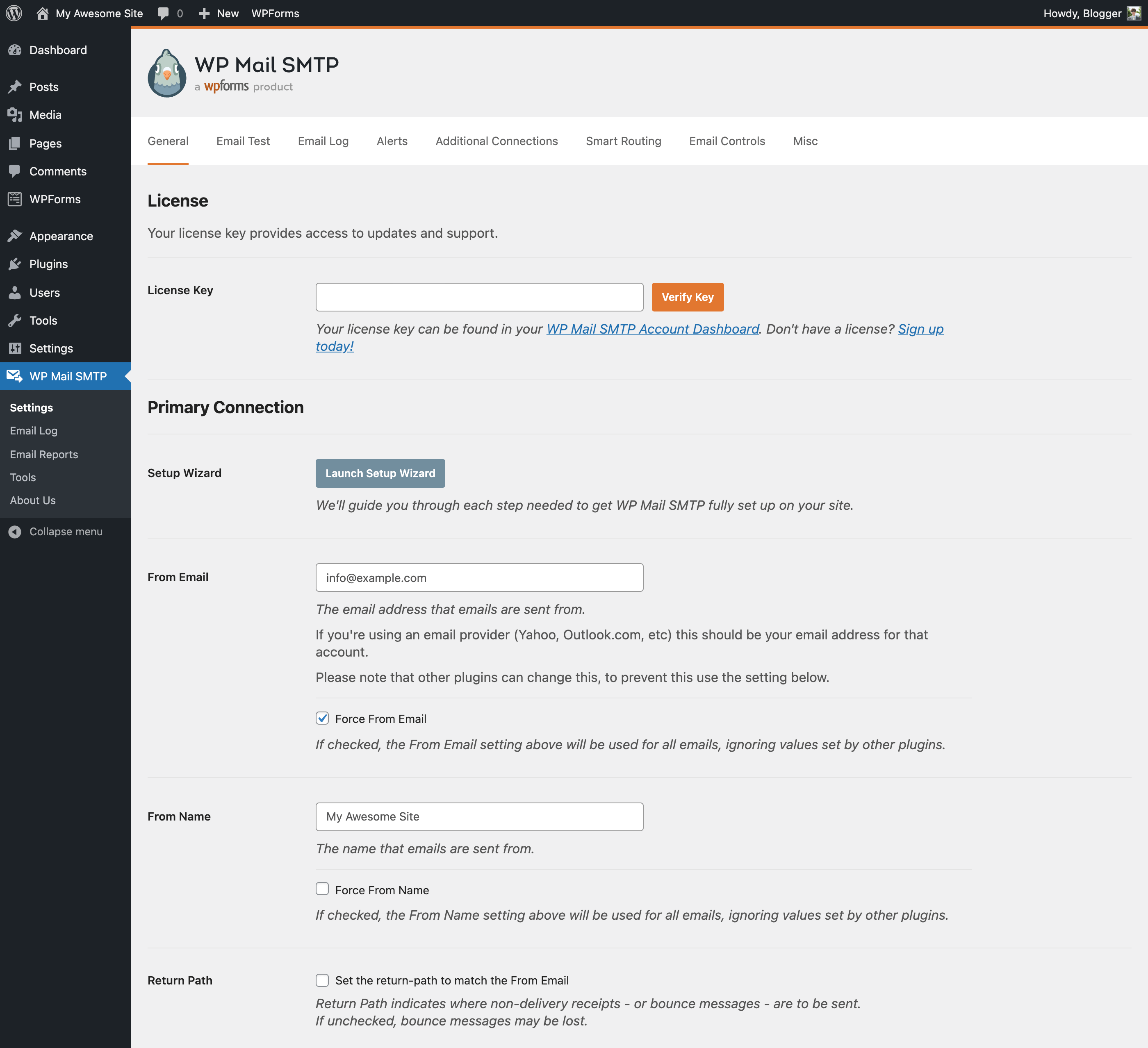 Alkali specialist configuring WP Mail SMTP settings for optimized email deliverability on a WordPress site.