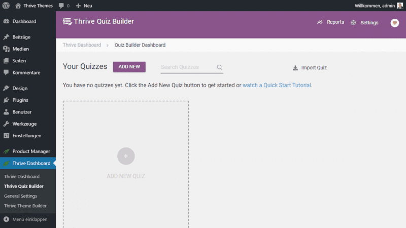 Exploring the features of Thrive Quiz Builder on a WordPress dashboard.